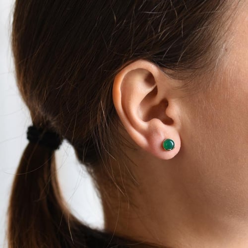 Blumen-Ohrringe aus Gold 585 mit grünen Cabochon Onyxen Erica