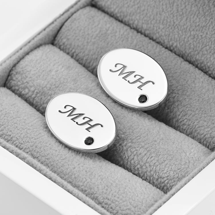 Silberne Manschettenknöpfe mit Gravur und schwarzen Diamanten Janvier 69817