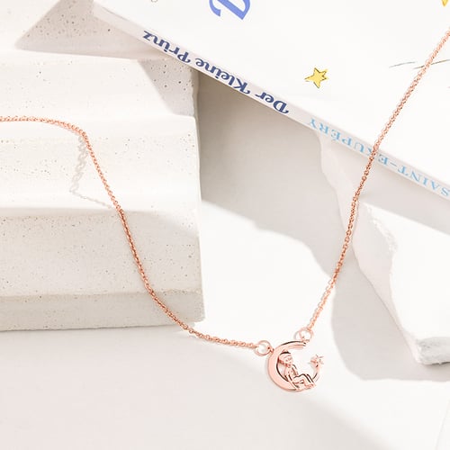 Silberne Halskette in Form einer Mondsichel mit einem Diamanten Kleiner Prinz