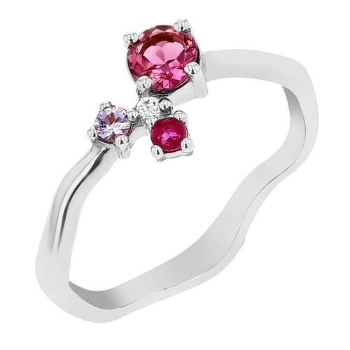 Silberner Cluster-Ring mit Turmalin, Tansanit, Rubin und einem Diamanten Roche