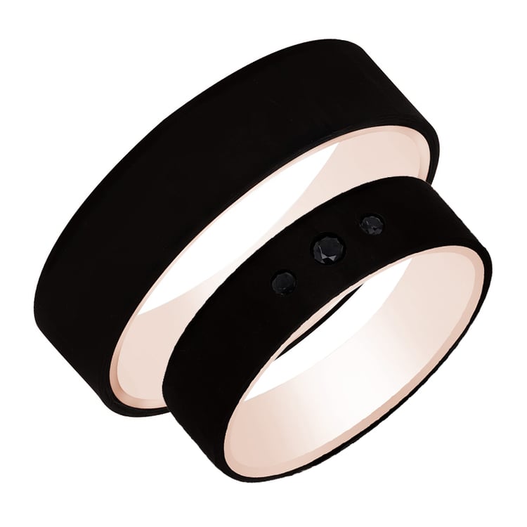 Flache Trauringe aus Carbon und Gold mit schwarzen Diamanten Walker 99205