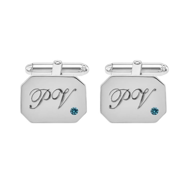 Gravierte, silberne Manschettenknöpfe mit blauen Diamanten Valetta