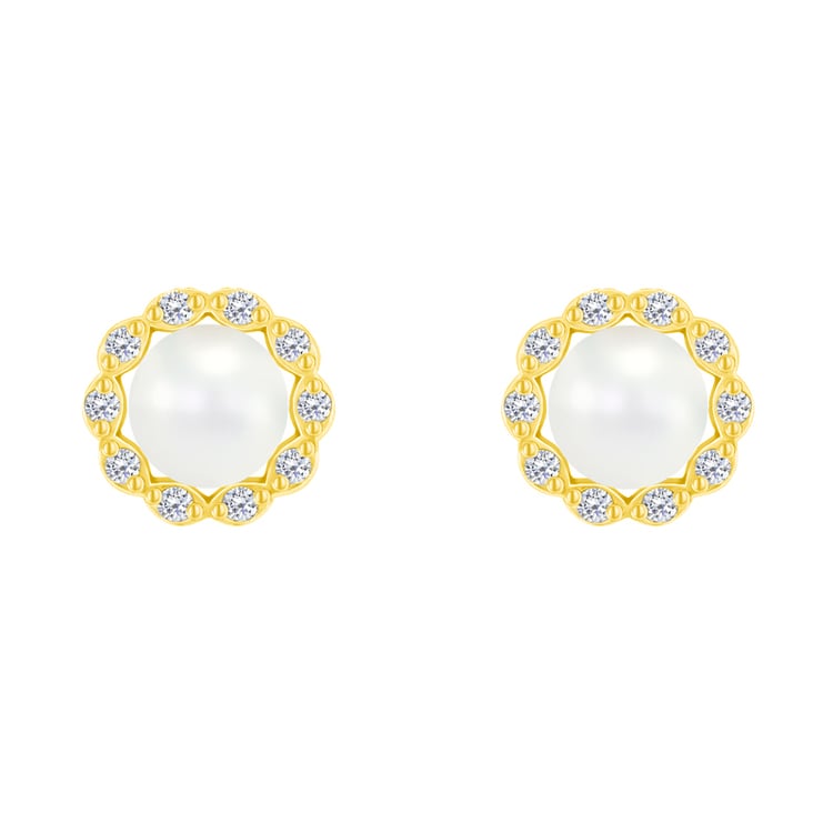 Goldene Halo-Ohrringe mit Perlen und Diamanten Desten 70711