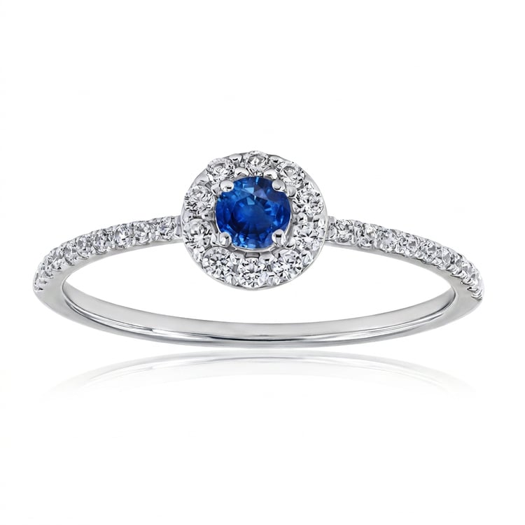 Silber Halo-Ring mit blauem Saphir und Lab Grown Diamanten Lys