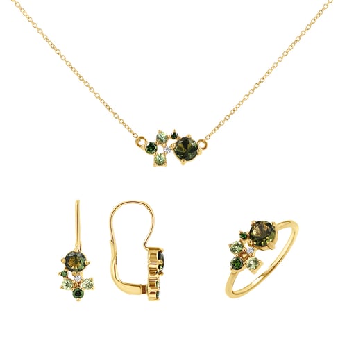 Schmuckset aus Cluster Schmuck mit Moldaviten, Saphiren und Diamanten Zino