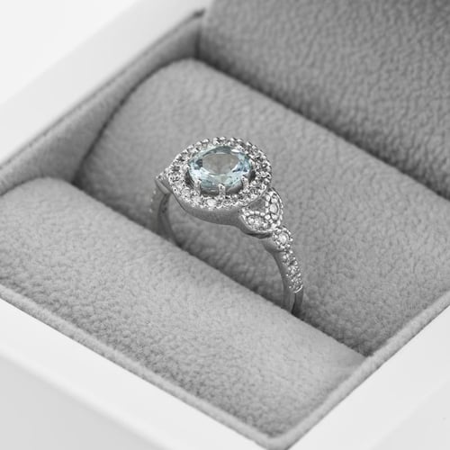 Verlobungsring im Halo-Stil mit Aquamatin und Diamanten Varana