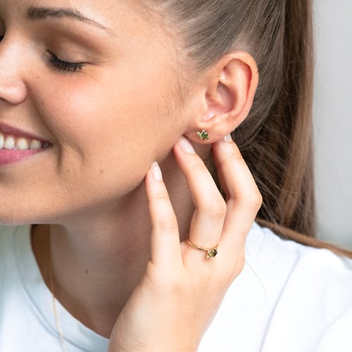 Cluster Verlobungsring mit Moldavit, Saphir und Diamanten Rosa