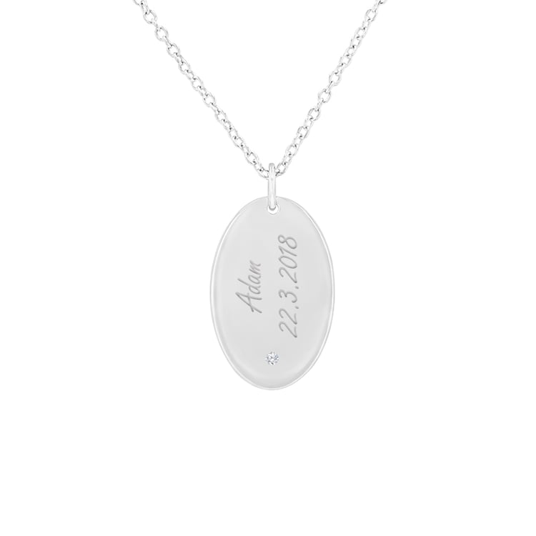 Ovaler Anhänger aus Silber mit einem Diamanten und Gravur Velma