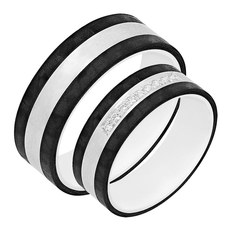 Flache Trauringe aus Carbon und Gold mit Diamanten Moserah