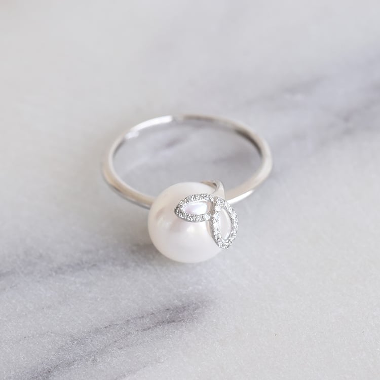 Goldener Ring mit Perle und Diamanten-Blättern Gemma 86754