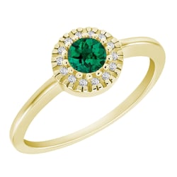 Goldener Halo Ring mit Smaragd umgeben von Diamanten Tafne