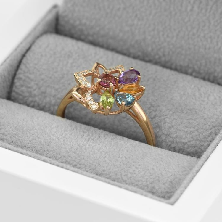 Ring aus Gold mit Diamanten, Amethyst, Topas, Olivin, Turmalin und Zitrin 18684