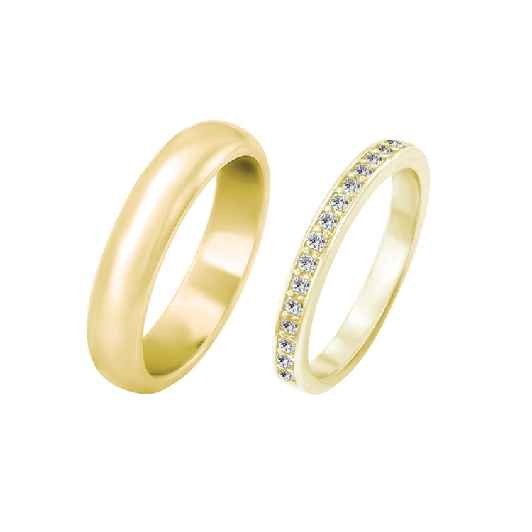 Eheringe aus Eternity-Ring mit Lab Grown Diamanten und einem breiten halbrunden Ring Zyte
