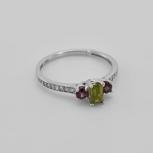Goldener Diamantring mit Olivin und Rhodolith Granat Salome