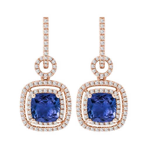 Goldene hängende Ohrringe mit Tansaniten und Diamanten Balliaas
