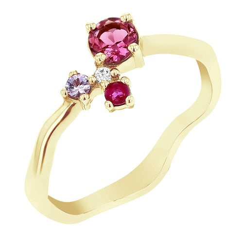 Silberner Cluster-Ring mit Turmalin, Tansanit, Rubin und einem Diamanten Roche