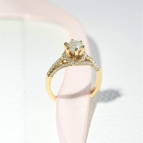 Verlobungsring im Halo-Stil mit einem Salt and Pepper Diamanten Heshmy