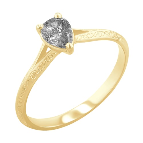 Von Hand gravierter Ring mit einem Salt and Pepper Diamanten in Birnenform Vivia