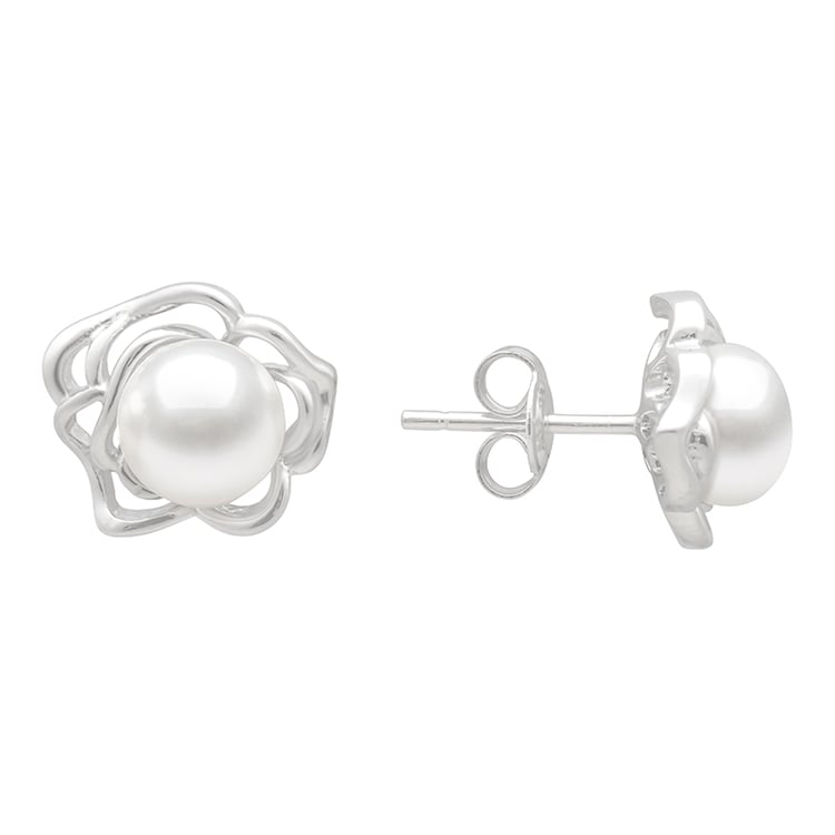 Silberne Ohrringe in Rosenform mit Perlen Crystin