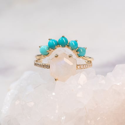 Goldenes Ring-Set mit Mondstein und Türkisen Riaz