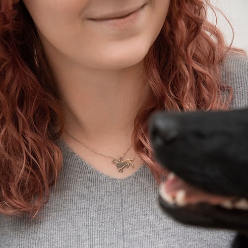 Silberner Anhänger in Form eines Hundes mit Gravur Dachshund