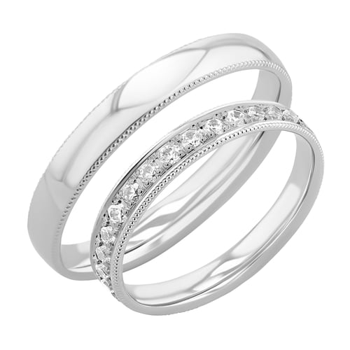 Goldene Eheringe mit verzierten Rändern und Diamanten Tasha