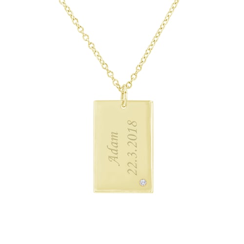 Rechteckiger Anhänger aus Gold mit einem Diamanten und Gravur Mays