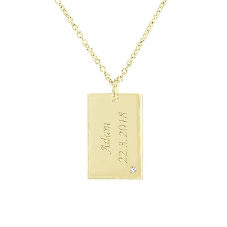 Rechteckiger Anhänger aus Gold mit einem Diamanten und Gravur Mays 100038