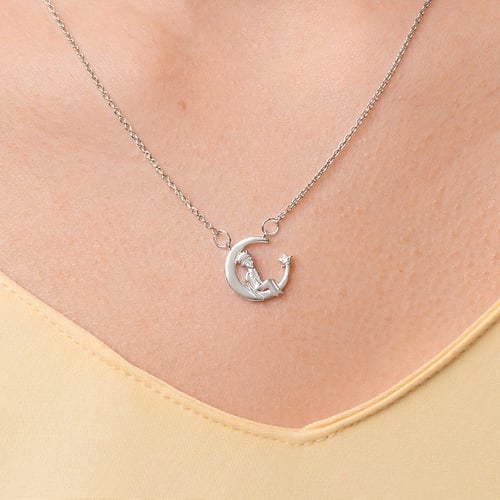 Silberne Halskette in Form einer Mondsichel mit einem Diamanten Kleiner Prinz