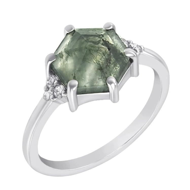 Goldener Verlobungsring mit Moosachat und Diamanten Yasmeen