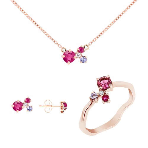 Silbernes Schmuckset mit Turmalinen, Tansaniten, Rubinen und Diamanten Halli