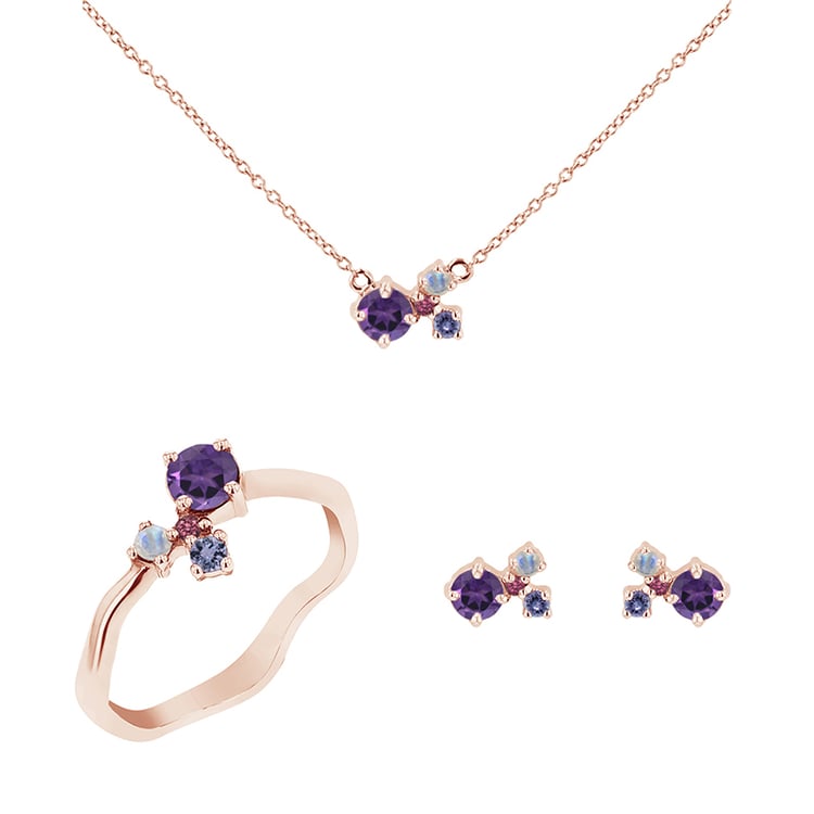Cluster Schmuckset mit Amethysten und Edelsteinen Halli