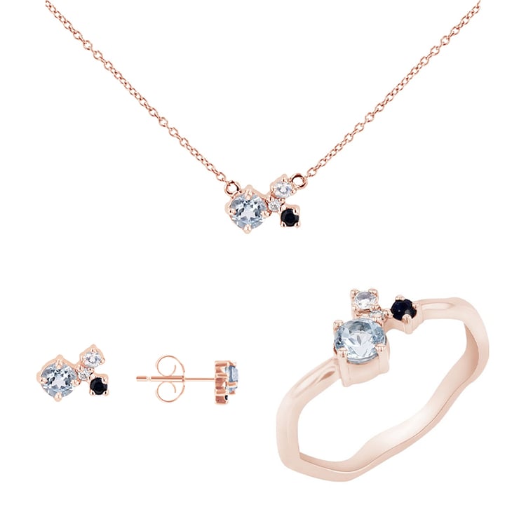 Silbernes Schmuckset mit Aquamarinen, Saphiren, Mondsteinen und Diamanten Halli