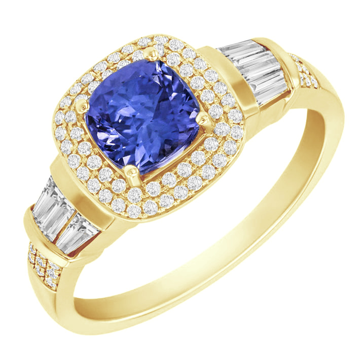 Königlicher Goldring mit Cushion Tansanit und Diamanten Glenna