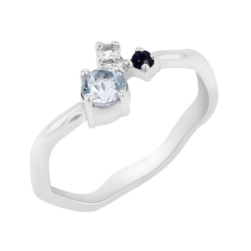 Silberner Cluster-Ring mit Aquamarin, Saphir, Mondstein und einem Diamanten Roche