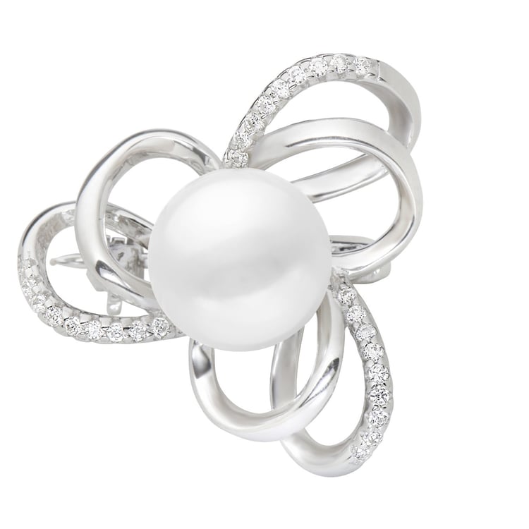 Silberne Brosche mit weißer Perle und Zirkonia Calla