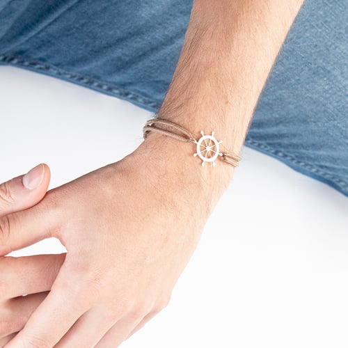Silbernes String-Armband für Herren mit einem Steuerrad Rudder