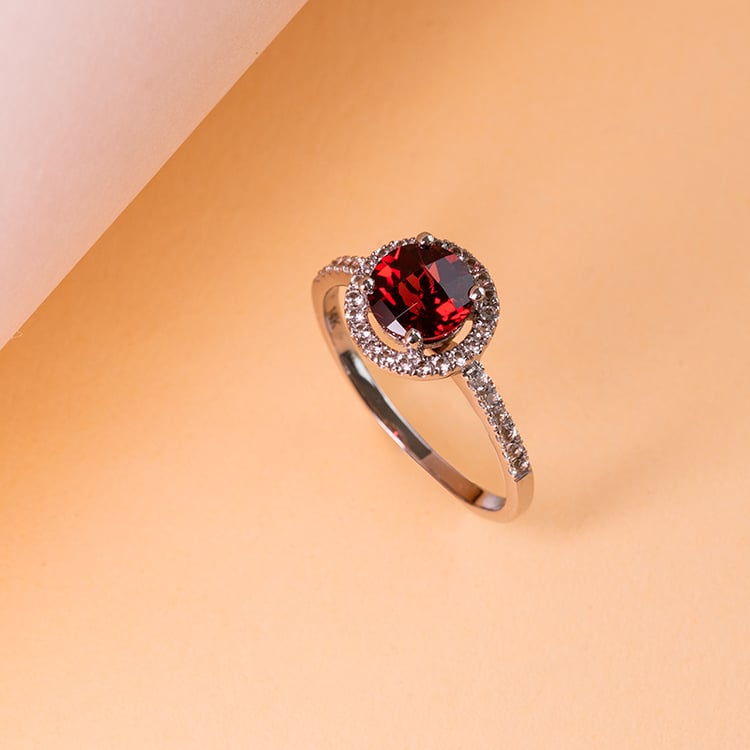 Goldener Ring im Halo-Stil mit Granat und weißen Topasen Maala 120715