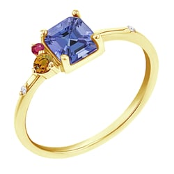 Cluster-Ring mit einem Asscher Tansaniten, orangefarbener Saphir, Rubin und Diamant Kenny