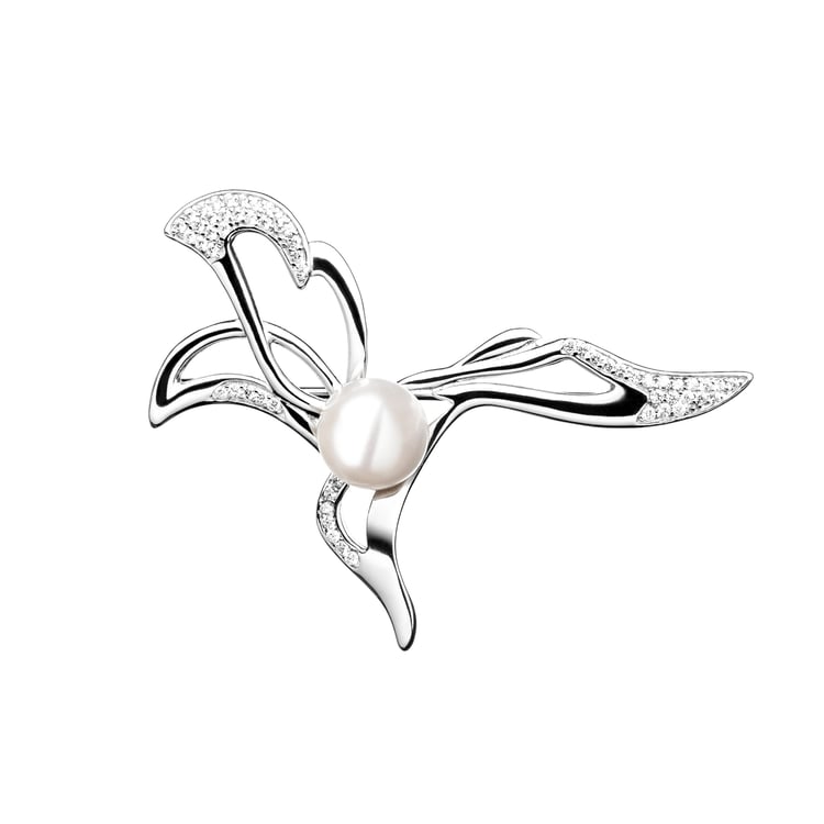 Silberne Brosche mit weißer Perle und Zirkonia Carcy