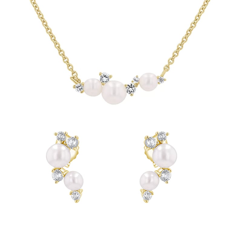 Silbernes Schmuckset mit Perlen und weißen Topasen Perlie