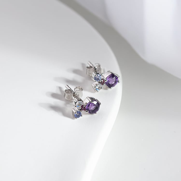 Silberne Cluster Ohrringe mit Amethysten und Edelsteinen Kerrie 150970