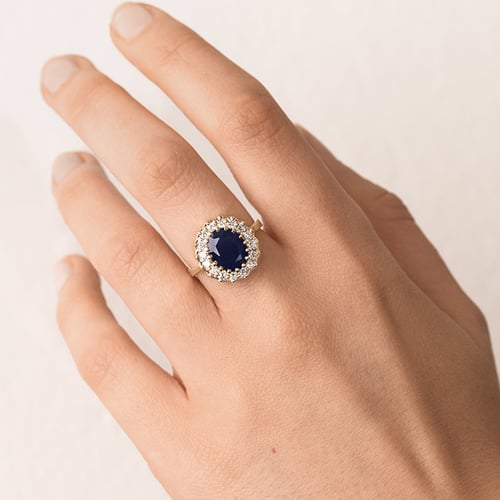 Eleganter Halo Verlobungsring mit Saphir und Diamanten Chrys