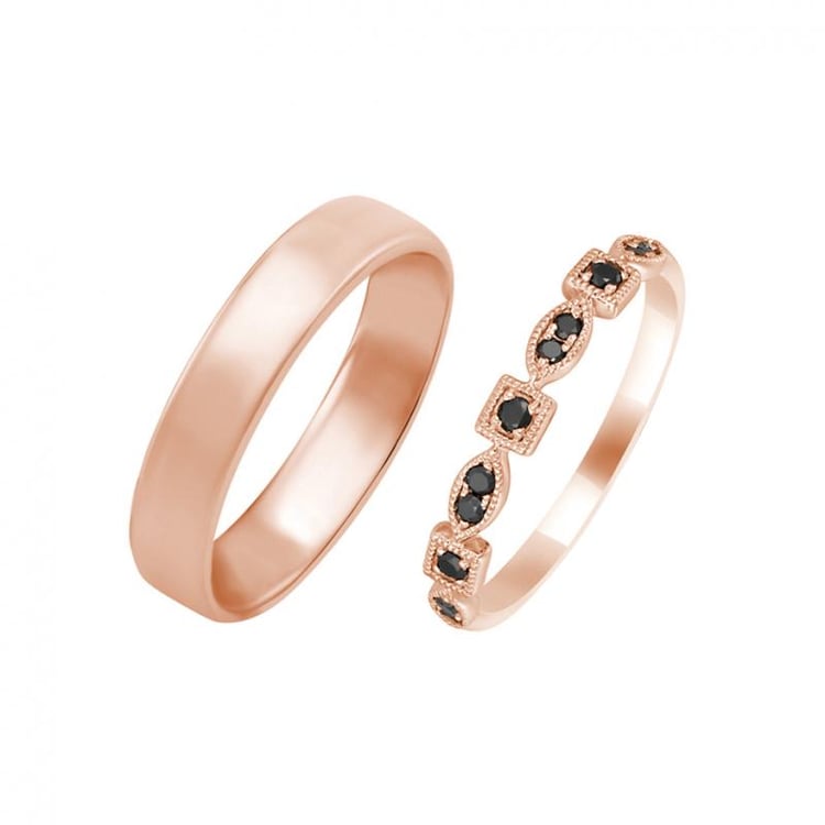 Trauring Rosegold mit schwarzen Diamanten und Rosegold Trauring 30781