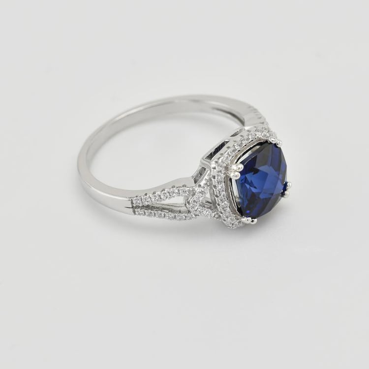 Silberring mit blauem Kissenschliff Saphir und Zirkonia 21156