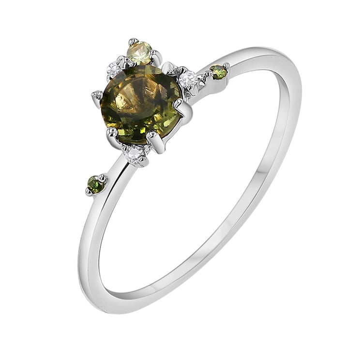 Cluster Verlobungsring mit Moldavit, Saphir und Diamanten Rosa 145662