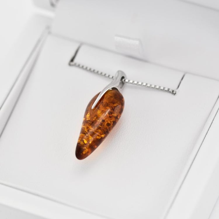 Silberkette mit Bernstein Tropfen in Eppi-Geschenkbox 20053