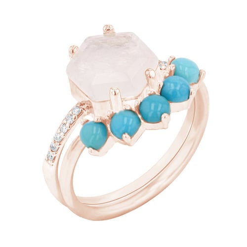 Goldenes Ring-Set mit Mondstein und Türkisen Riaz