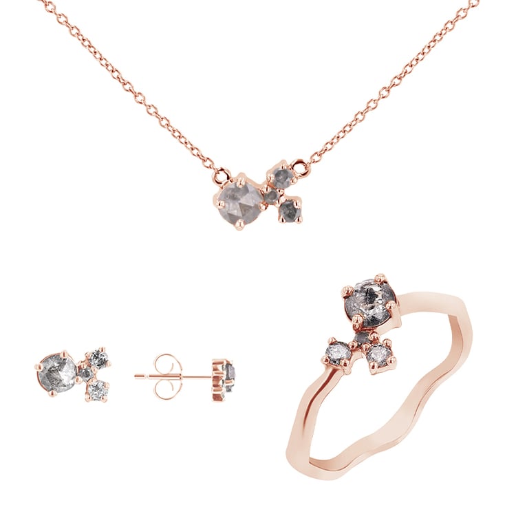 Silbernes Schmuckset im Cluster-Stil mit Salt and Pepper Diamanten Halli 116182