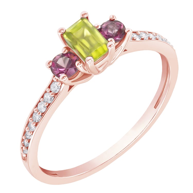 Goldener Diamantring mit Olivin und Rhodolith Granat Salome 78598
